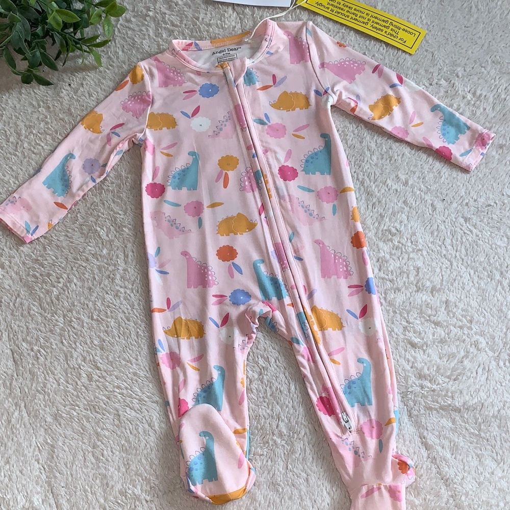 NWT Angel Dear Floral Dinos Pink Bamboo Footie 6-9M 2 way zipper